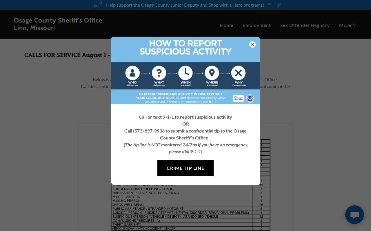 Osage County Sheriff calls for service page and dispatch-log warning