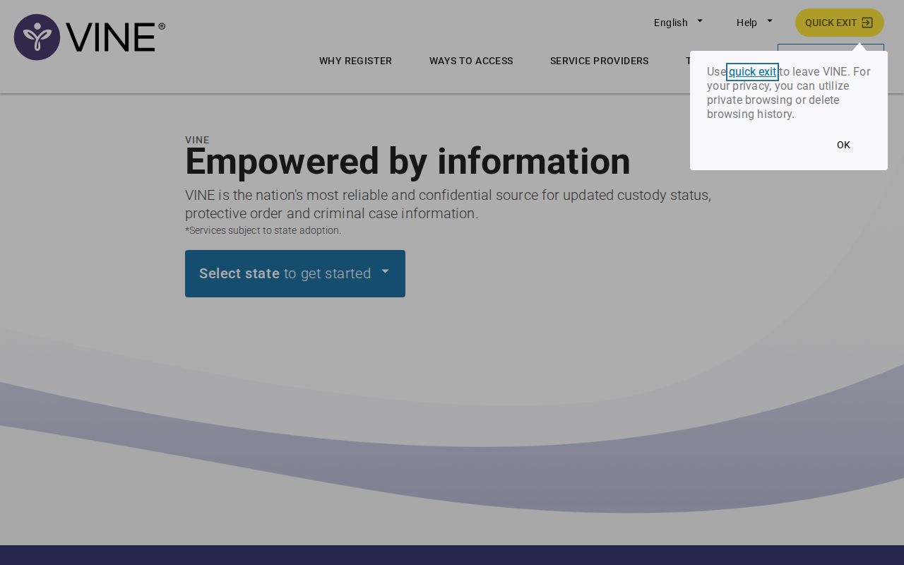 VINELink public search and registration landing page for custody information
