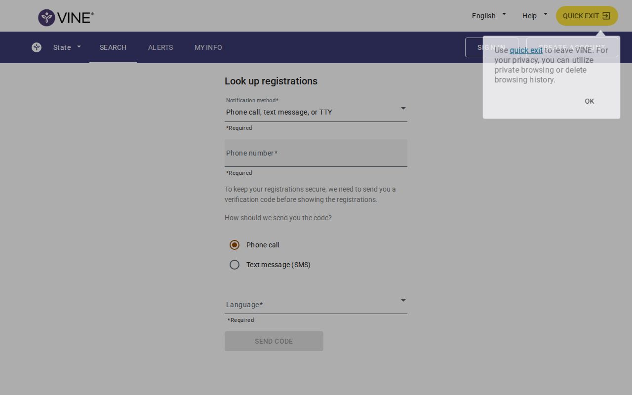 VINELink custody alert registration screen