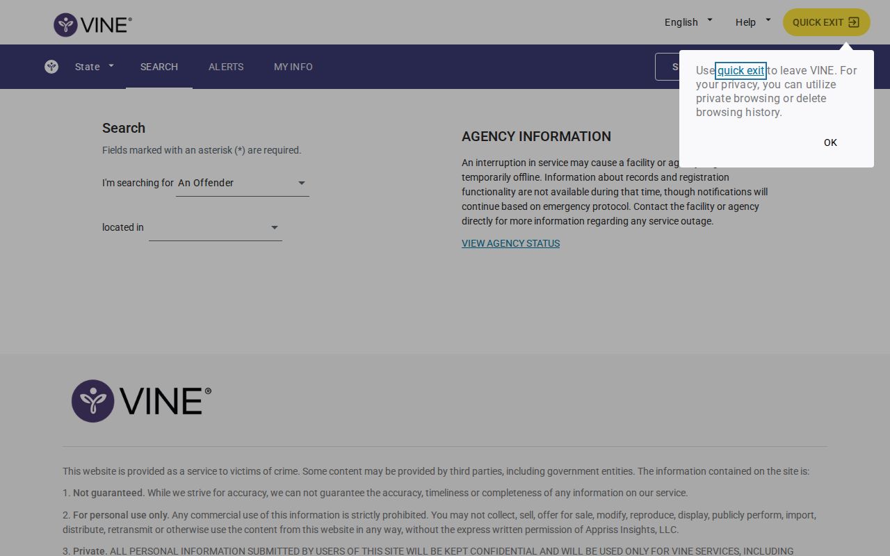 Missouri VINELink person search screen for custody lookup