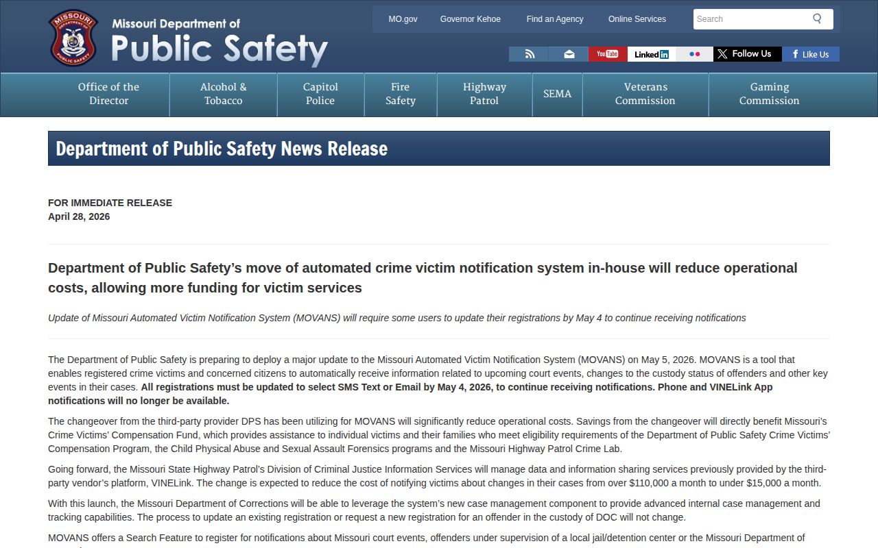 Missouri DPS notice explaining changes to MOVANS notifications