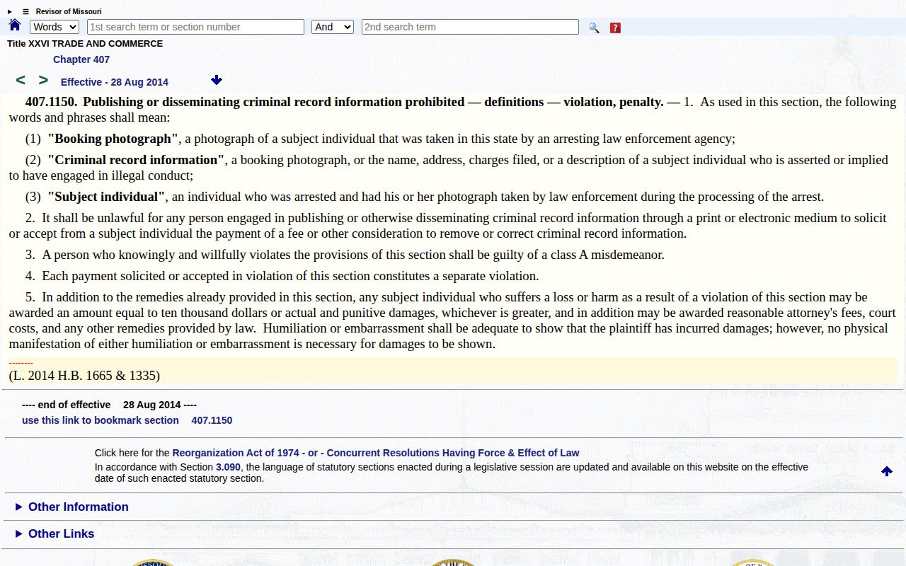 Missouri law governing payment for Osage County booking photo removal