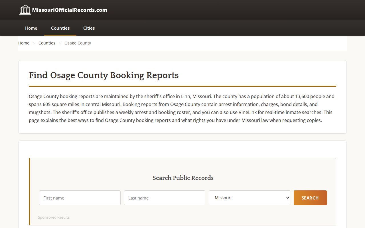 Unofficial Osage County booking report directory shown for source comparison